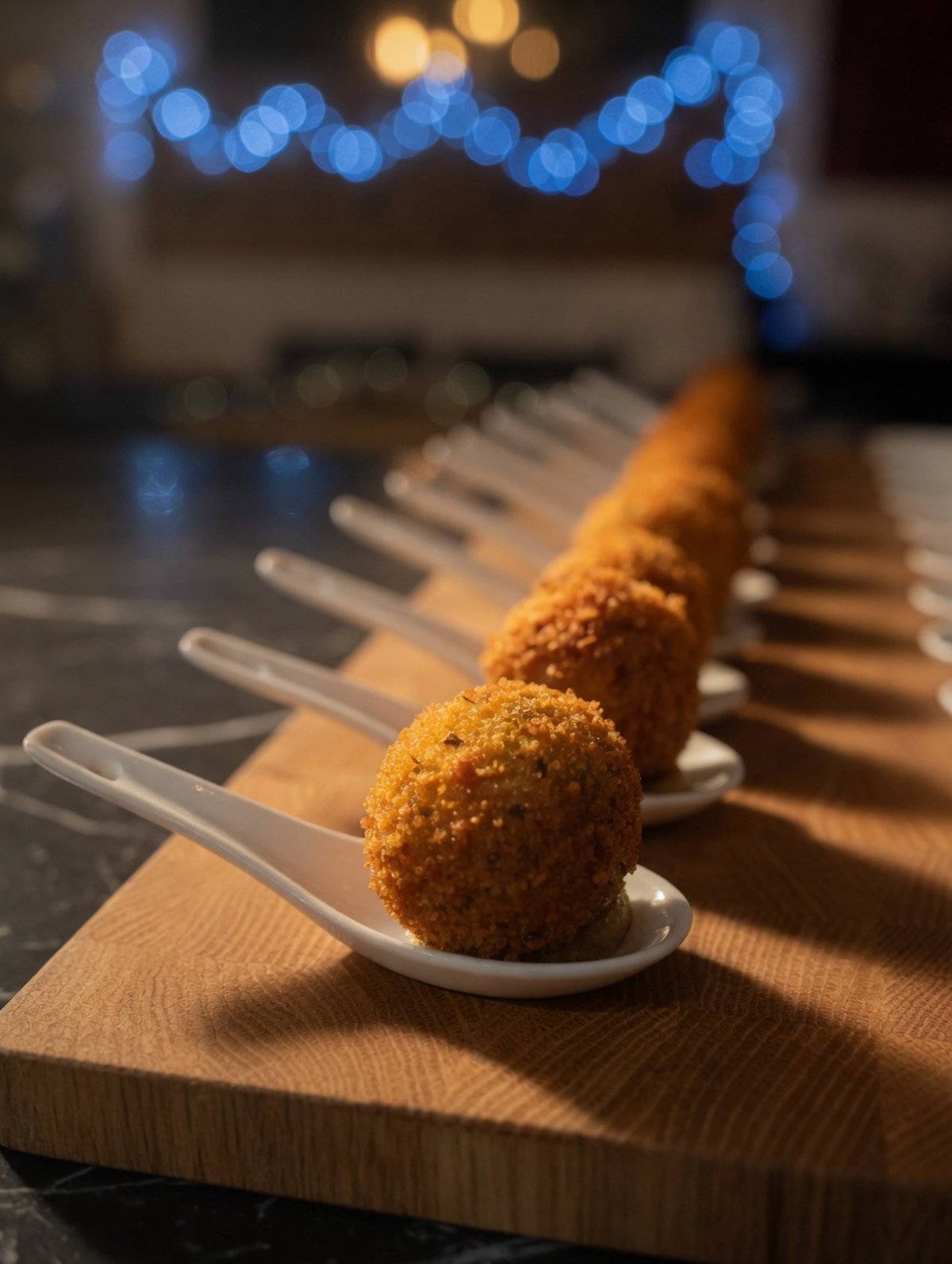 Arancini doré sur cuillère de service devant un bokeh de lumières de Noël