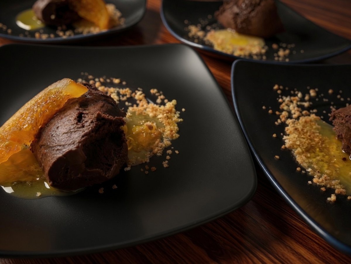 Dessert budino au chocolat avec orange confite et crumble sur assiette noire