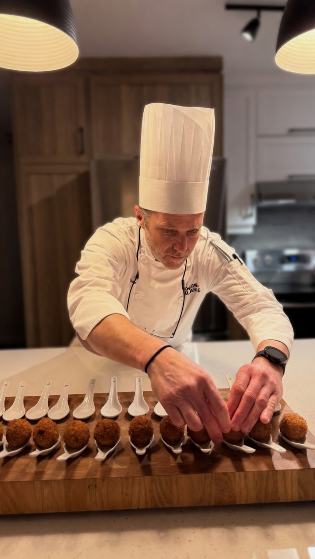 Michel Lucas en toque de chef dressant des arancini sur cuillères de service