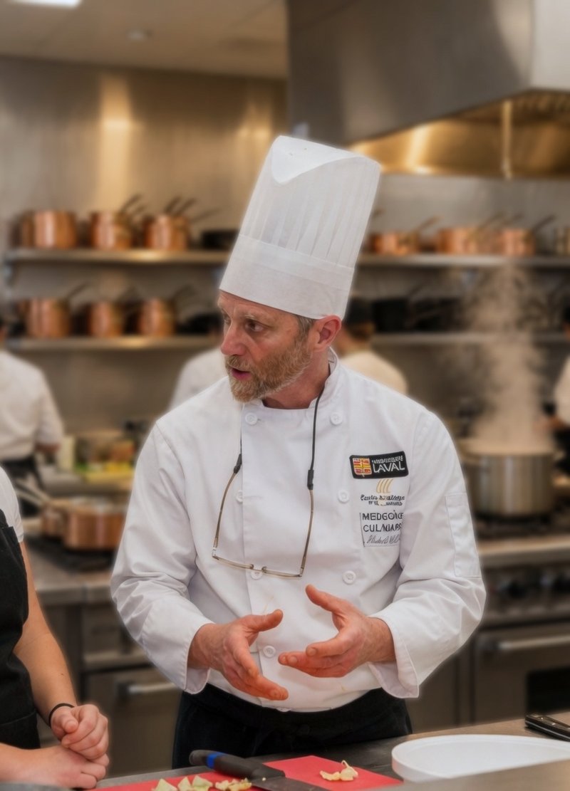 Michel Lucas en toque de chef dans les cuisines de la Faculté de médecine de l'Université Laval