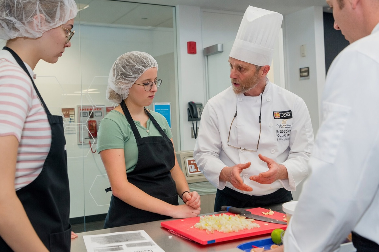 Michel Lucas avec étudiantes en cuisine