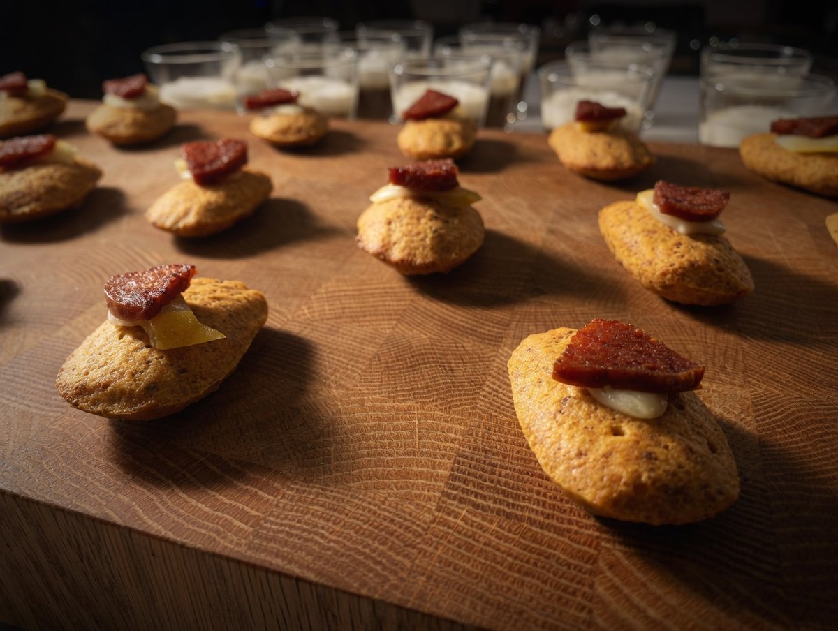 Mini-muffins salés à la tomate confite et tapenade sur planche de bois