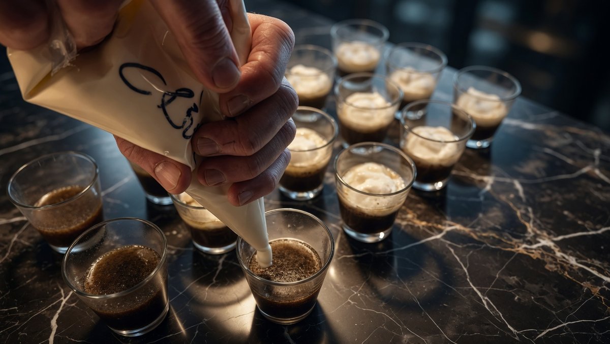 Mains pochant une crème dans des verrines sur surface de marbre noir